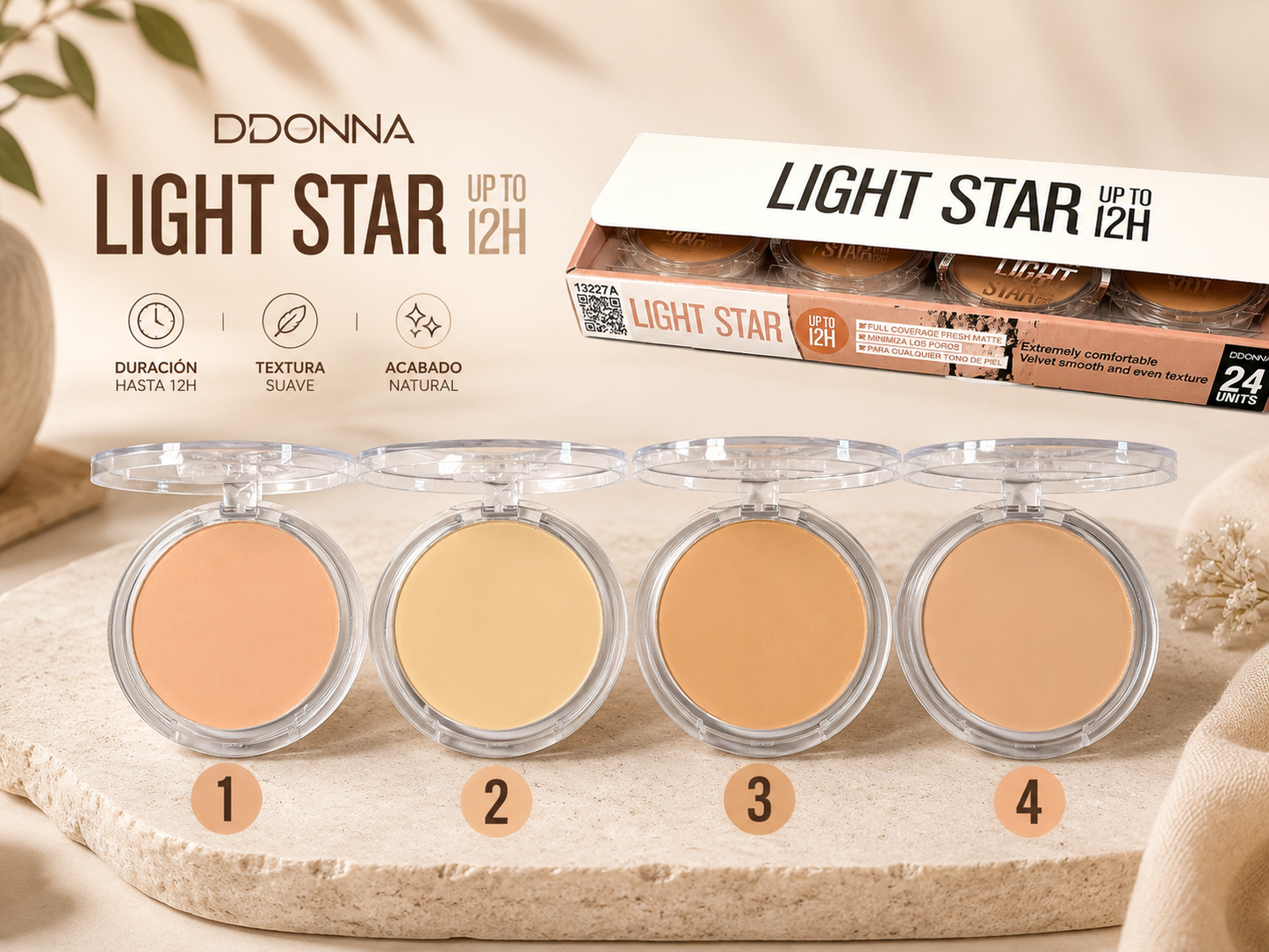 Polvo Compacto Donna Light Star – Cobertura Natural Mate 12H