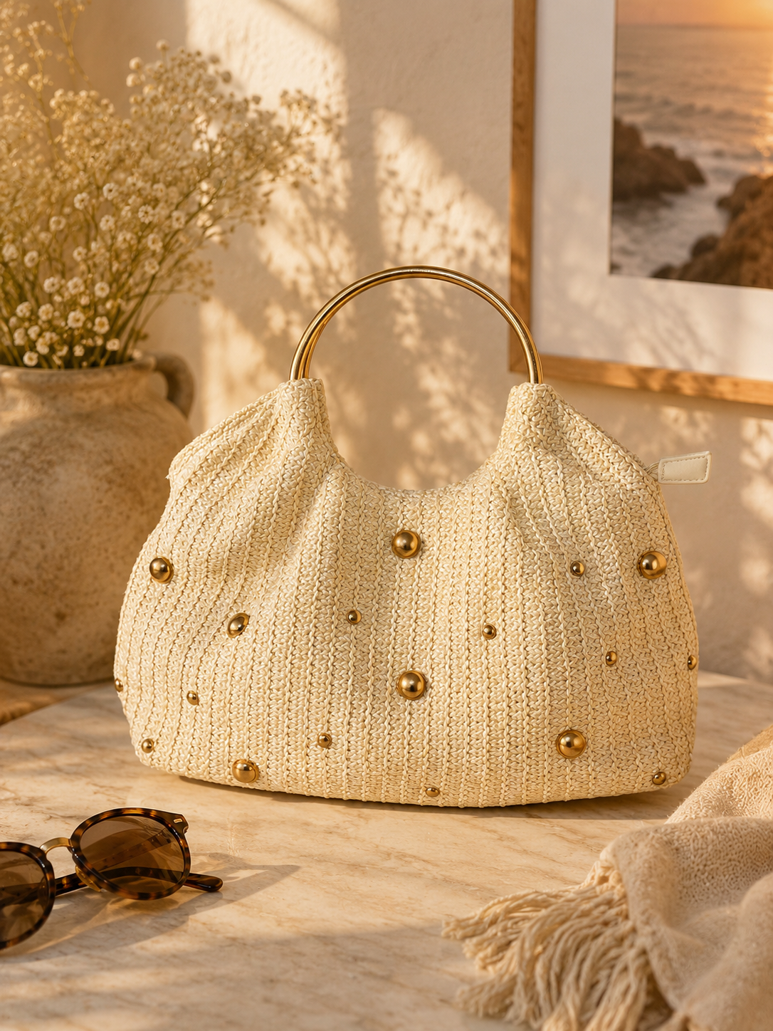 Bolso Elegance Pearl – Tejido con Detalles Dorados
