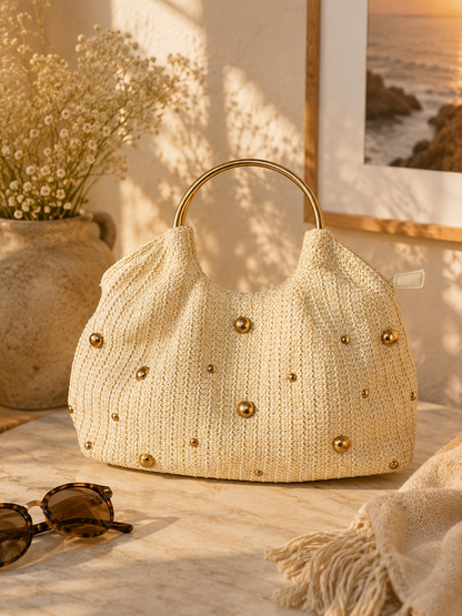 Bolso Elegance Pearl – Tejido con Detalles Dorados